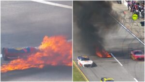 Envase de gasolina se incendia en medio de la pista de Talladega Superspeedway de la Nascar